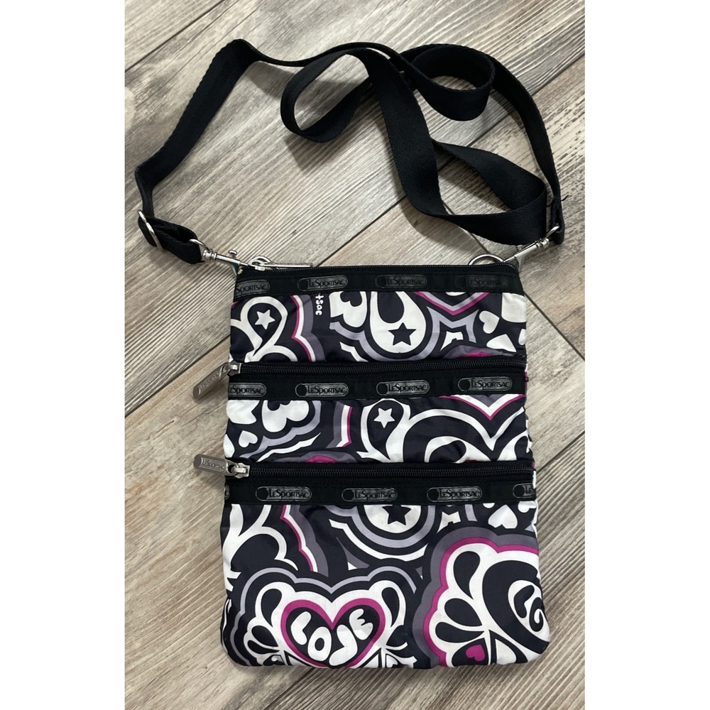 Lesportsac 3 Zipper Black Pink "LOVE" Pattern Crossbody Purse Bag